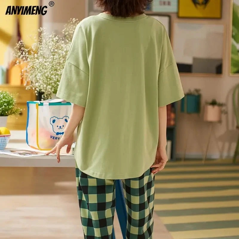 New Sleepwear Cartoon Cotton Pajamas for Women Long Pants Short Sleeved Summer Spring Loungewear  Fashion Home Clothing Homewear