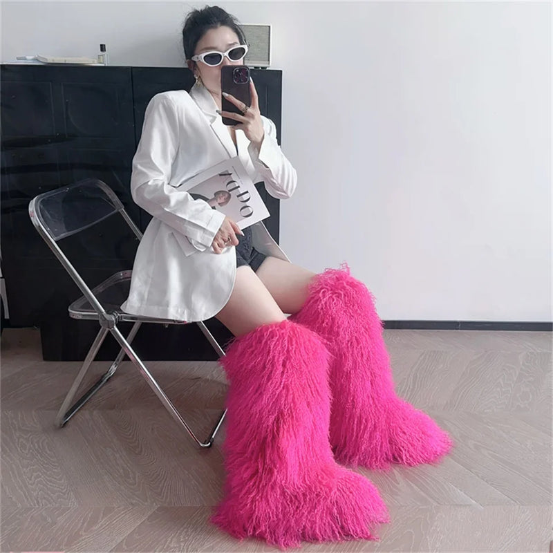 New Fashion Mongolia Fur Woman Snow Boots Fluffy Knee-High Boot Winter Women Fashion Snow Boot Warm Cotton Shoes