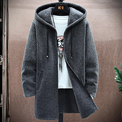 Men's Cardigan Cashmere Long Coat Sweaters with Hoods Autumn Winter New Fleece Warm Solid SweaterCoat Windbreaker Men Clothing