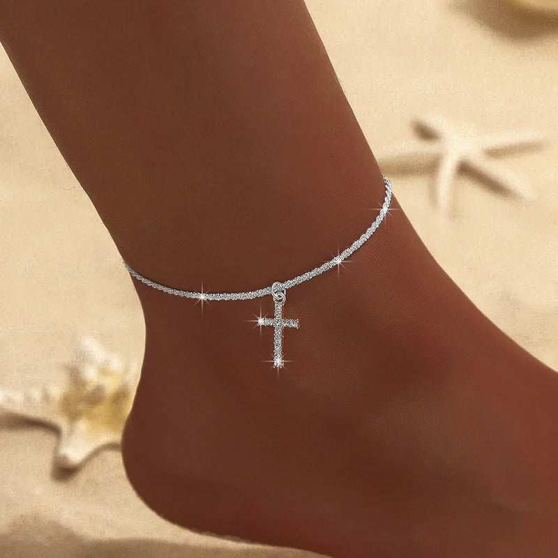 LATS Shiny Sparkling Simple Anklet for Women Gold Silver Color Elegant Jewelry Female Beach Ankle Bracelet on Foot Party Gift