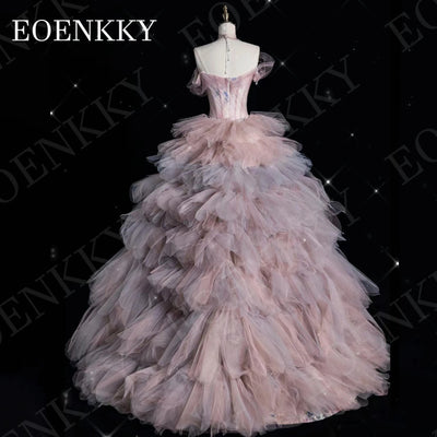 EOENKKY Prom Dresses 2024 Luxury Gown Dubai A Line Crystal Tulle Graduation Dress with Detachable Train Strapless V Neck Woman