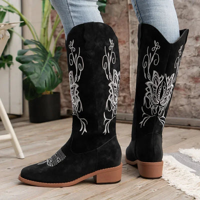 Retro Embroidery Low Heels Western Boots for Women Autumn Pointed Toe Cowboy Boots Woman Black Suede Knight Boots Plus Size 43