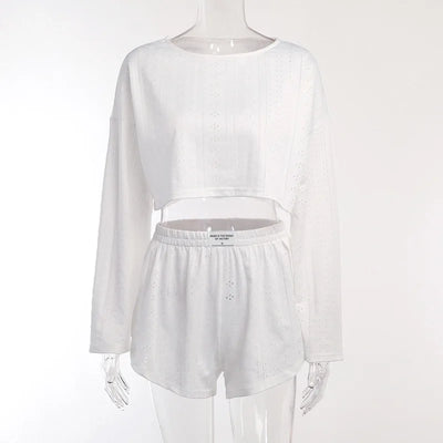 Women's Pajamas Set Spring Long Sleeve Tops With Shorts Sleepwear 2 Piece Set Loose Round Neck Home Wear Loungewear Pyjama Femme