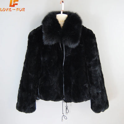 New Style Women Winter Warm Soft Quality Real Rex Rabbit Fur Coat Rex Rabbit Fur Short Jacket Big Real Fox Fur Collar Overcoat