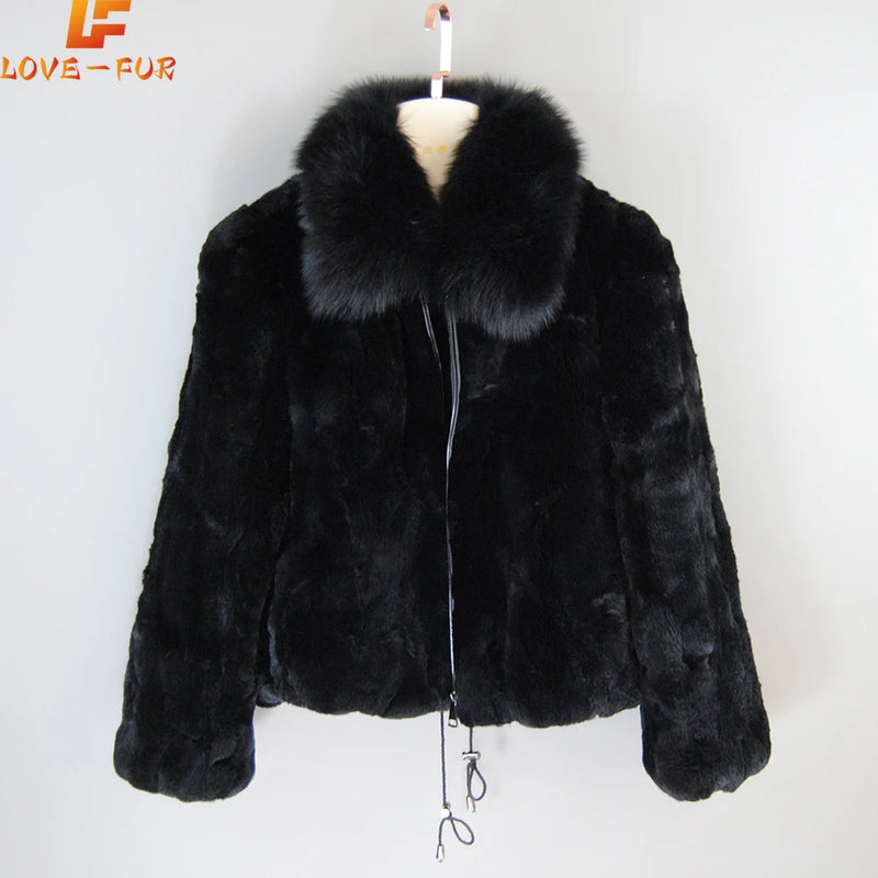 New Style Women Winter Warm Soft Quality Real Rex Rabbit Fur Coat Rex Rabbit Fur Short Jacket Big Real Fox Fur Collar Overcoat