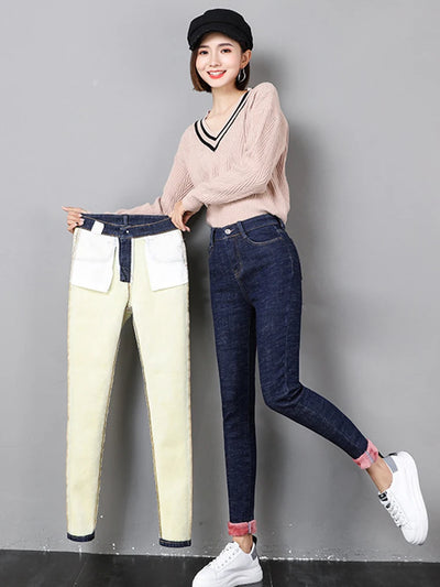 Fashion Stretch High Waist Pencil Pants Female Casual Velvet Jeans Womens High Quality Jeans Thick Women Pants 2024