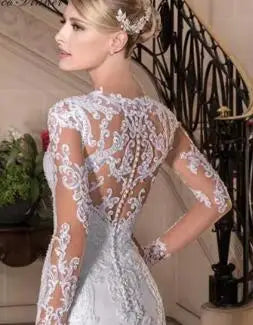 Customized Illusion Back Long sleeve Beaded Lace Mermaid Wedding Dress 2025 New Appliques White Bride Dresses For women W0149