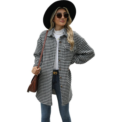 Women New Houndstooth Lapel Top Mid-length Woolen Coat for Women