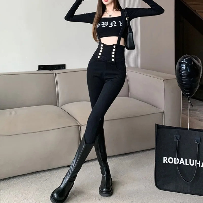 Suspender High Waist Stretch Skinny Jeans Woman 2023 Spring Autumn Ankle-Length Vintage Denim Pencil Pants Female