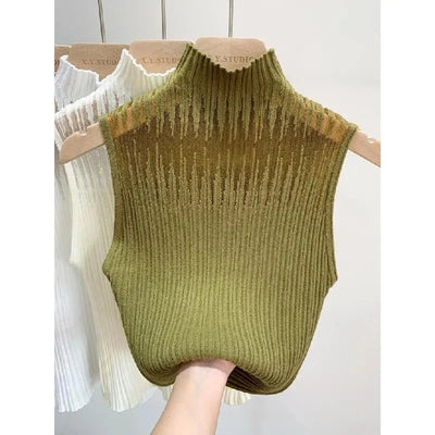 Hollow Out Gauze Tank Top Turtleneck Elegant Sleeveless Design Slim Camis Knitting Solid Chic Corset Women's Tube Top