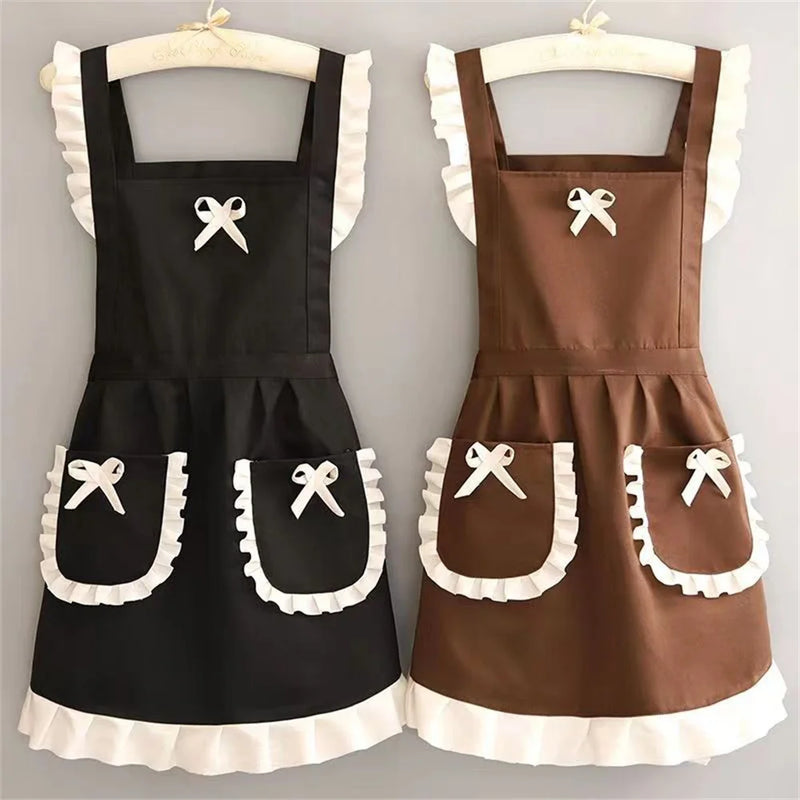 Cute Japanese Apron Maid Dress with Waistband Kitchen Household Restaurant Workwear for Women  Coffee Overalls Apron