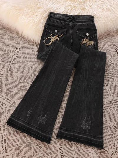 90s Retro Trend American Classic Embroidered Women Jeans Elastic Fashion Leisure Tassel Slim Harajuku Korean New Bell Bottoms