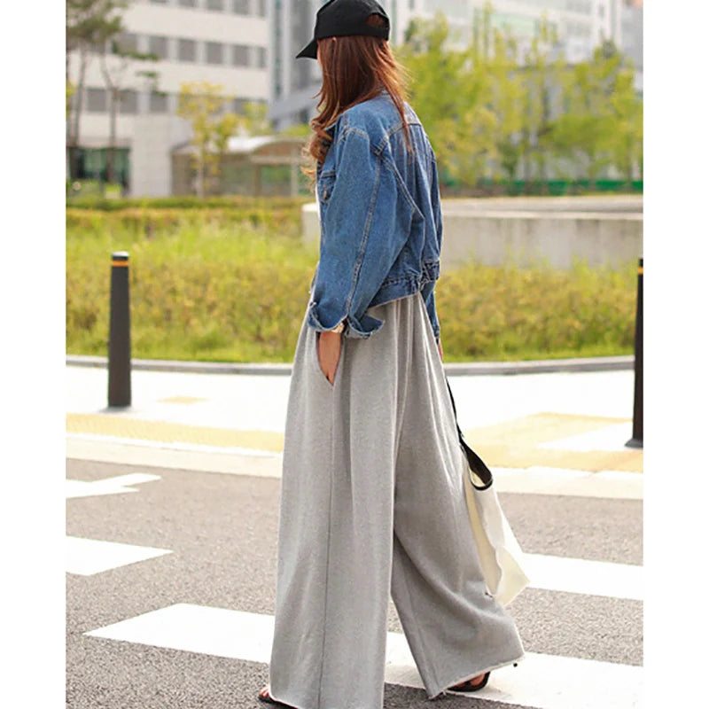 Krisnanas Women Loose Wide Leg Solid Color Casual Pants Gray and Black Bottoms Pants With OOTD