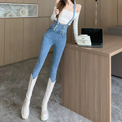 Suspender High Waist Stretch Skinny Jeans Woman 2023 Spring Autumn Ankle-Length Vintage Denim Pencil Pants Female