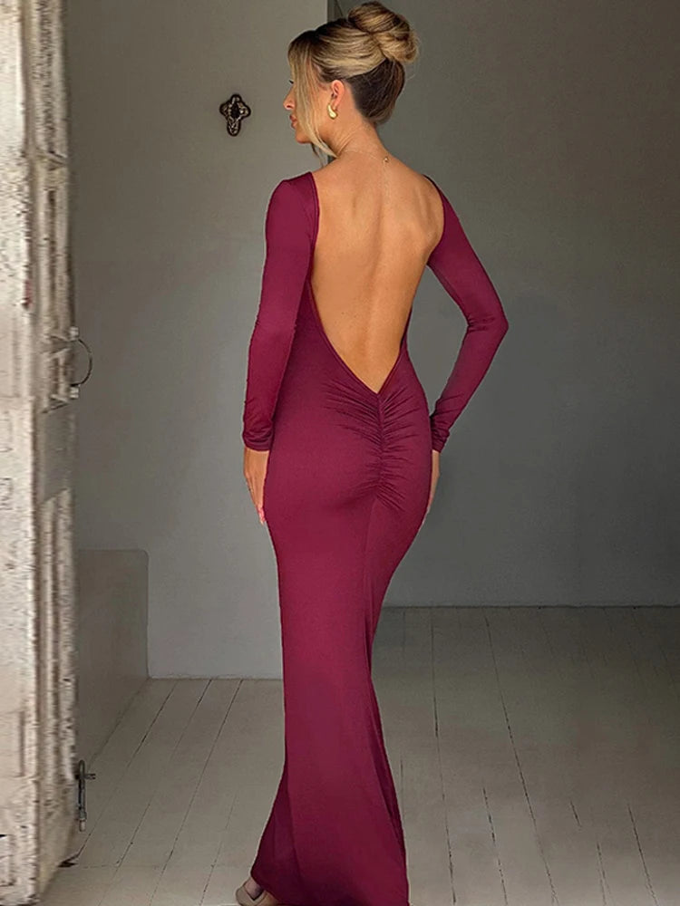 Hugcitar Spring Elegant Long Sleeve Backless Solid Cuched Sexy Bodycon Maxi Prom Dress Women Outfit Evening Party Festival Y2K