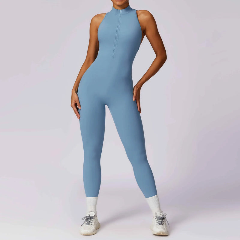 V Back One-piece Suit Women Sports Jumpsuit  Zippers Yoga Rompers Backless Sportswear Women Sleeveles Workout Bodysuits Female