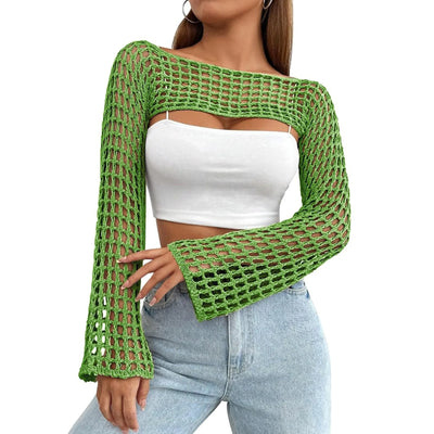 European Women'S Knitted Sweater Korean Fall Sexy Cutout See Through Y2k Knitwear Autumn Long Sleeve Ultra Short Casual Pullover