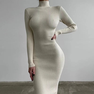 2024 New Autumn Knitted Turtleneck Dress Women Long Sleeve Bodycon Midi Dresses Female Elegant Fashion Solid Color Skinny Dress