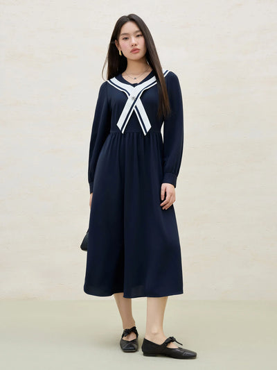 DUSHU Plus Size Women's 2025 Spring New College Style Contrasting Navy Collar Slimming Long Sleeved Dress 25DS81168