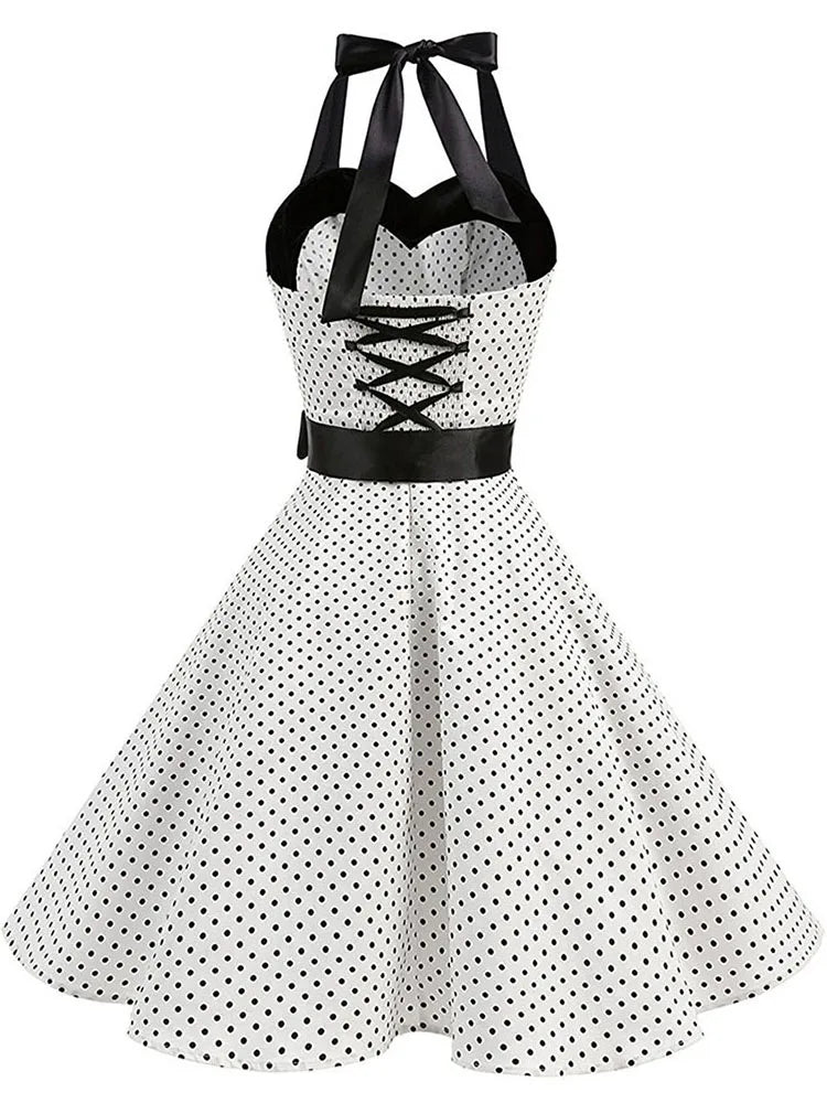 Women Polka Dot Print Summer Dress Sexy Retro White Halter Vintage Dress Robe Femme Pin Up Rockabilly Party Dress