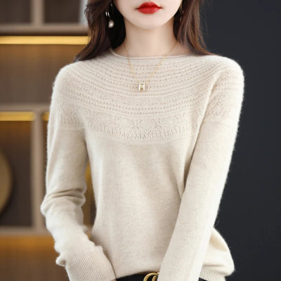 100% Merino Wool Seamless Cashmere Sweater Women's O-Neck Hoodie Autumn/Winter New Knitted Sexy Hollow Wool Sweater NJR1107