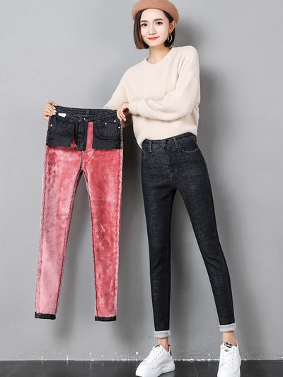 Fashion Stretch High Waist Pencil Pants Female Casual Velvet Jeans Womens High Quality Jeans Thick Women Pants 2024