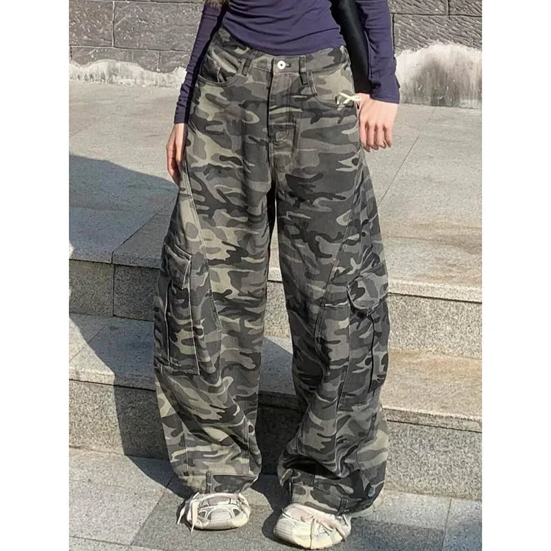 Autumn Winter New Low Rise Jeans Y2k Ladies American High Street Baggy Pants Woman Camouflage Drawstring Mop Jeans for Women