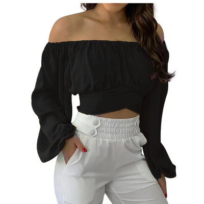 Sexy Slash Neck Backless Long Lantern Sleeve Floral Print Blouse Tops Summer Women Criss Cross Bandage Cropped T Shirt Tops