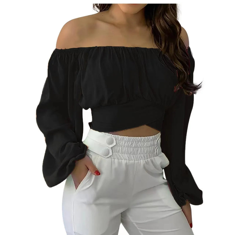 Sexy Slash Neck Backless Long Lantern Sleeve Floral Print Blouse Tops Summer Women Criss Cross Bandage Cropped T Shirt Tops