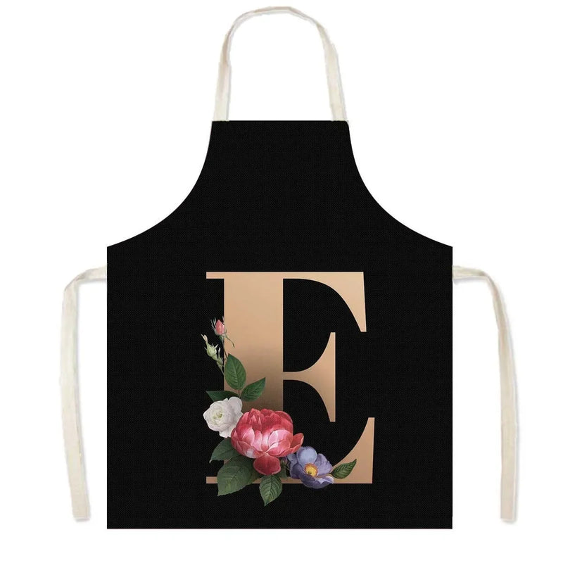 26 Initials Flower Print Kitchen Apron A-Z Letter Women Cooking Aprons BBQ Chef Waiter Home Baking Cleaning Tool Pinafore