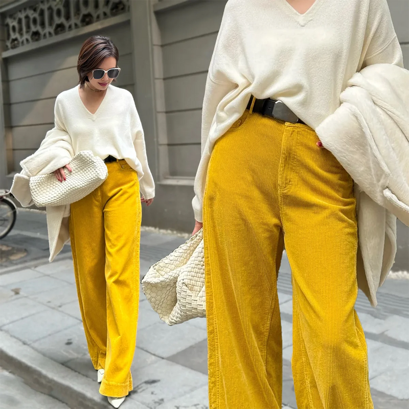 2024 Fall Winter Women Korean Streetwear Style Golden Baggy Yellow Corduroy Pants Office Wear to Work Trousers Fashion Clothes