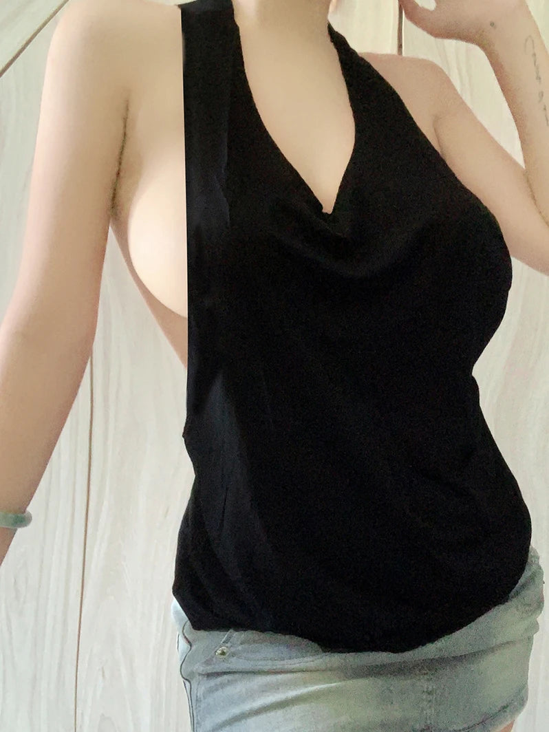 WOMENGAGA Side Large Hollow Low Chest Loose Sexy Tank Top Women Black Open Back Top For Summer Workout Black Women Tops 2023 V8G