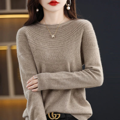 100% Merino Wool Seamless Cashmere Sweater Women's O-Neck Hoodie Autumn/Winter New Knitted Sexy Hollow Wool Sweater NJR1107