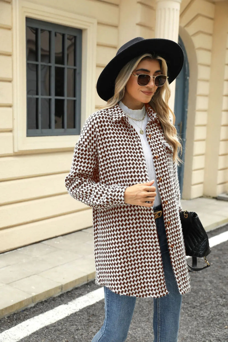 Women New Houndstooth Lapel Top Mid-length Woolen Coat for Women