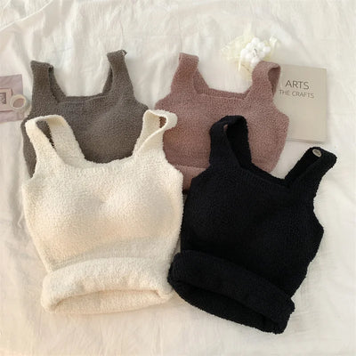 ITOOLIN Winter Sexy Women Cashmere Warm Camis With Bra Pad Knitting Thick Tank Tops Sweet Tops For Women Plush Camisole