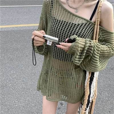 Women Hollow Out Y2K Sexy Sweater Hole Knitted Long Sleeve Streetwear Top Casual Loose Thin Sweater For Women 2024 Autumn