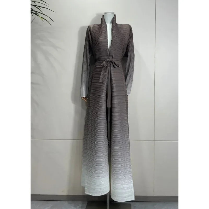 Miyake Pleated Print Foldable Collar Long Sleeved Trench Coat for Women 2024 New Winter Original Designer Fashion Cardigan Dress