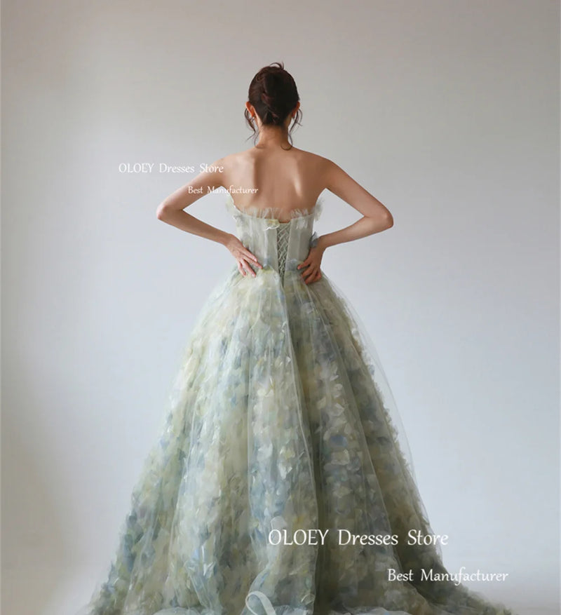 OLOEY Elegant Korea Evening Dresses 3D Flowers Strapless Floor Length Wedding Party Dress Customized Garden Photoshoot Prom Gown