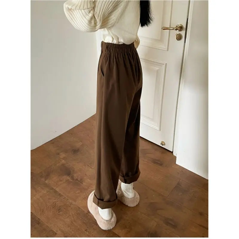 Women Autumn Winter Simplicity Loose Woolen Cloth Solid Color High Waist Straight Women Clothes All-match Warm Casual Suit Pants