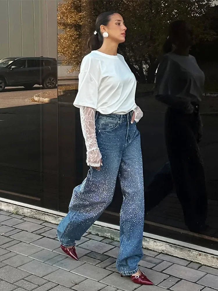 Gradient Blue Women Jeans With Rhinestone Casual High Wait Wide Legs Pockets Denim Pant 2025 Spring Chic Street Trousers Lady