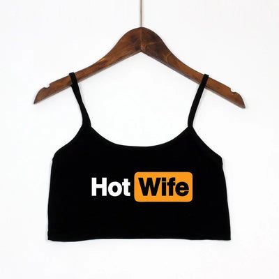 Fashion Women's Sexy Elastic Cotton Camis HOT WIFE Letters Print Female Sexy Crop Top Sleeveless Short Girls Tank Top Bar Women