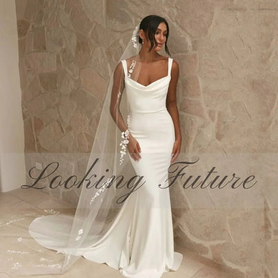 Customized Elegant Mermaid White Wedding Dress Square Collar Spaghetti Strap Bride Gown Illusion Backless With Button Robe 2025