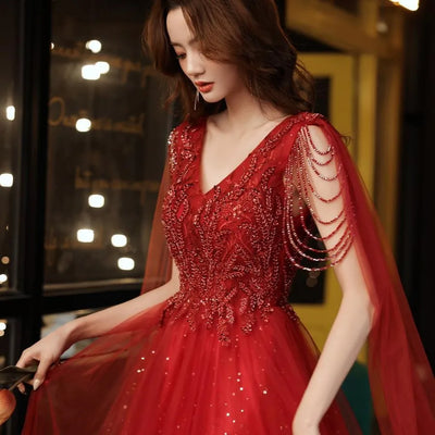 Luxury Sexy V-neck Ball Gown Wedding Evening Party Summer Dress French Red Sequined Bride Wedding Dress Women Formal vestidos