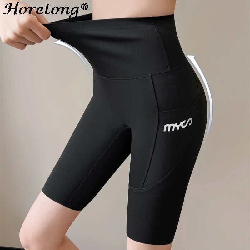 Horetong Women Sports Shorts With Pocket High Waist Fitness Casual Streetwear Short Trousers Female Tight Shorts Workout Pants