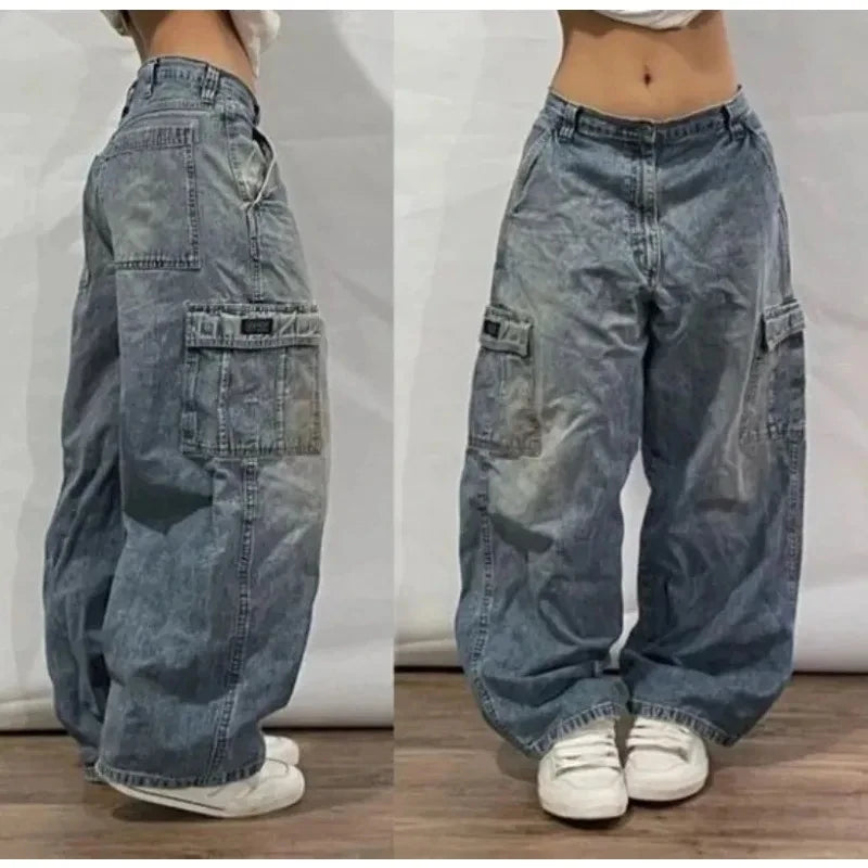 Y2K Harajuku New Punk Feng Shui Washing Old Baggy Jeans Female Streetwear Dance Popular Casual Joker High Waist Wide Leg Pants