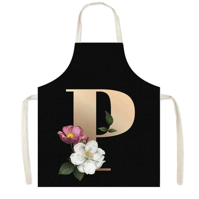 26 Initials Flower Print Kitchen Apron A-Z Letter Women Cooking Aprons BBQ Chef Waiter Home Baking Cleaning Tool Pinafore