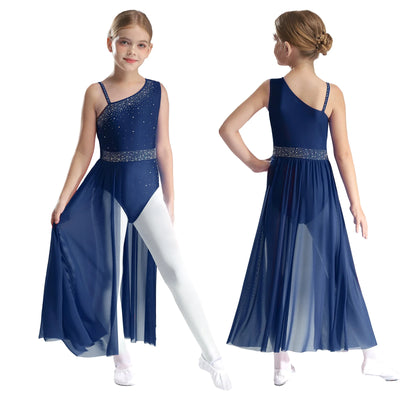 Kids Girls Lyrical Dance Dress Sleeveless Rhinestones Mesh Splice Skirted Leotard Dancewear Contemporary Modern Dance Clothes