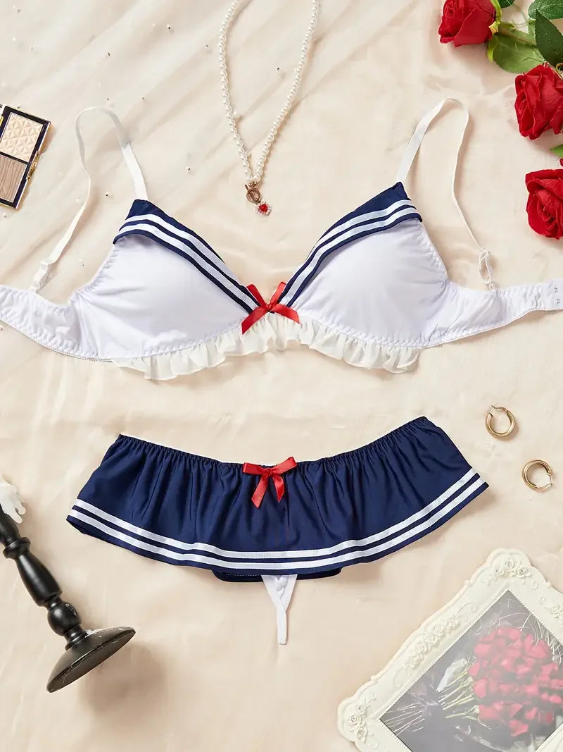 Sexy Lace Lingerie Ruffle And Bow Decoration Bra And Panty Sets Women Gathering Chest Underwear Bralette Set Cosplay Costume