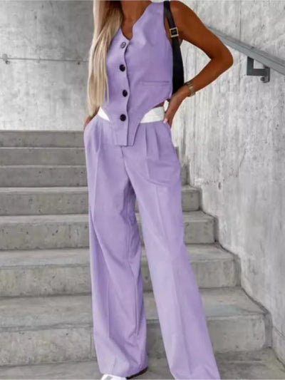 Women's Wide Leg Pant Suits V Neck Button Tanks Tops Pocket Loose Pants Outfits Two Piece Set For Women Irregular 2 Pcs/set 2025