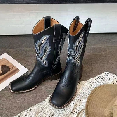 Winter Vintage Brown Women Boots Cowboy Boots Women 2024 Embroidered Square Toe Brown Long Boots Chunky Mid Calf Women Shoes